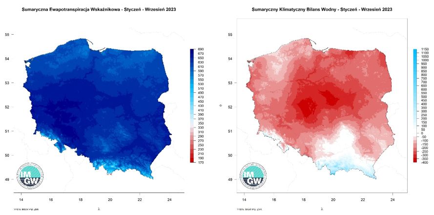 Przestrzenny rozkład skumulowanej sumy parowania potencjalnego w okresie styczeń-sierpień 2023 r. oraz przestrzenny rozkład klimatycznego bilansu wodnego.