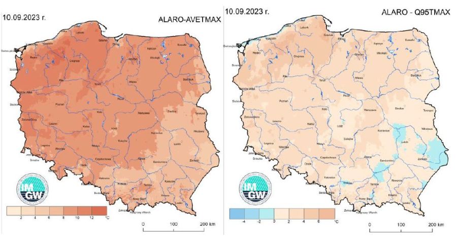 Anomalia prognozy TMAX (2023-09-10) względem notowanych charakterystyk wieloletnich (1991-2020): ALARO-AVETMAX – ALARO-wartość średnia TMAX (po lewej), ALARO-Q95TMAX – ALARO-kwantyl 95% TMAX (po prawej).