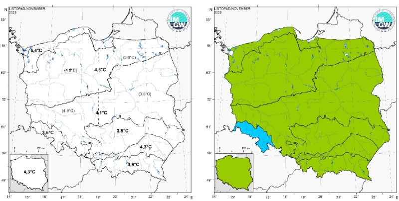 Wartości średniej obszarowej temperatury powietrza oraz klasyfikacja termiczna w listopadzie 2022 r. w poszczególnych regionach klimatycznych Polski.