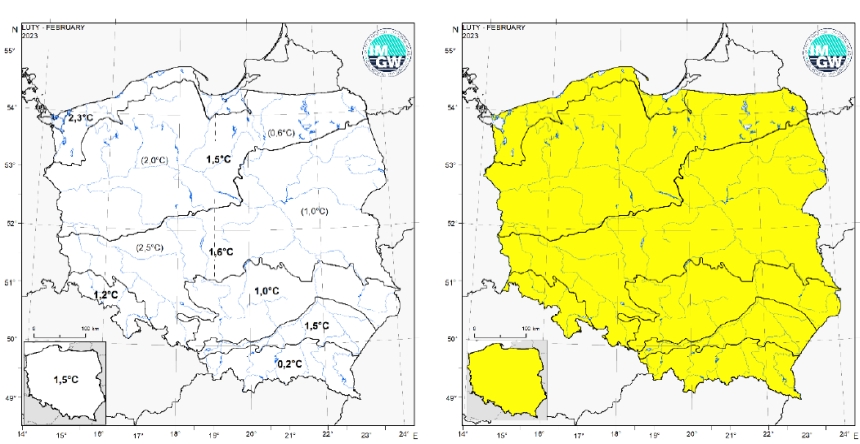 Wartości średniej obszarowej temperatury powietrza oraz klasyfikacja termiczna w lutym 2023 r. w poszczególnych regionach klimatycznych Polski.