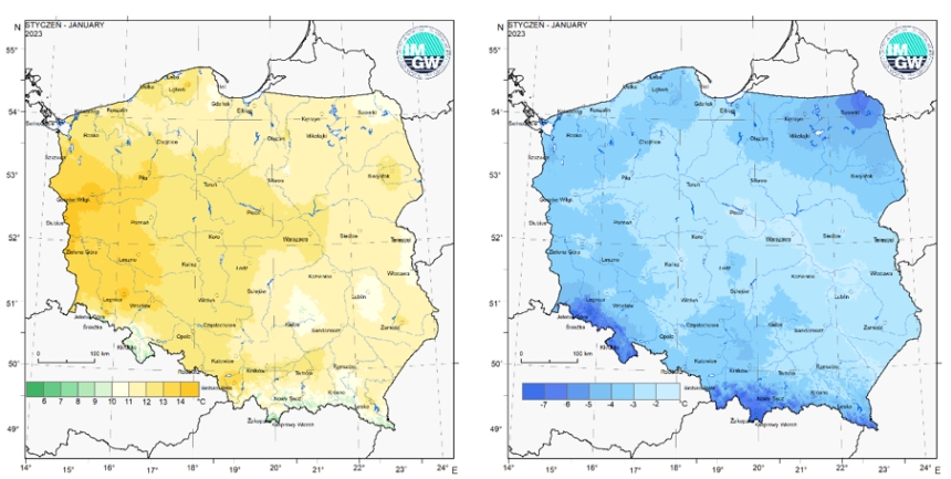 Przestrzenny rozkład wartości kwantyla 95% maksymalnej temperatury powietrza (po lewej) i kwantyla 5% minimalnej temperatury powietrza (po prawej) w styczniu 2023 r.