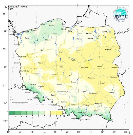 Przestrzenny rozkład średniej miesięcznej temperatury powietrza w kwietniu 2023 r.