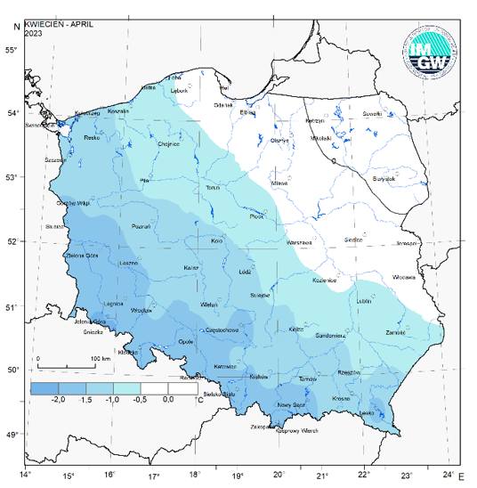 Przestrzenny rozkład anomalii średniej miesięcznej temperatury powietrza w kwietniu 2023 r. w stosunku do normy (tj. średniej miesięcznej wartości wieloletniej elementu w okresie 1991-2020).