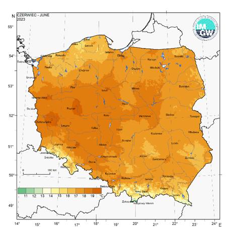 Przestrzenny rozkład średniej miesięcznej temperatury powietrza w czerwcu 2023 r.