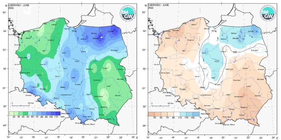      Przestrzenny rozkład miesięcznej sumy opadów w czerwcu 2022 r. oraz przestrzenny rozkład anomalii sumy opadów w stosunku do normy (tj. średniej miesięcznej wartości wieloletniej elementu w okresie 1991-2020).