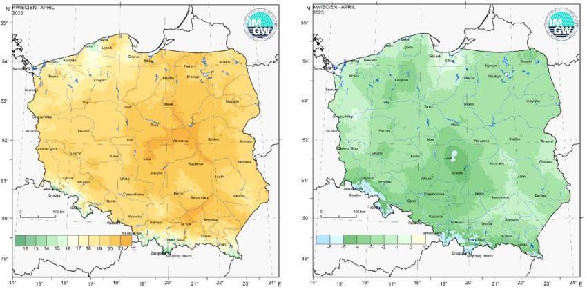 Przestrzenny rozkład wartości kwantyla 95% maksymalnej temperatury powietrza (po lewej) i kwantyla 5% minimalnej temperatury powietrza (po prawej) w kwietniu 2023 r.