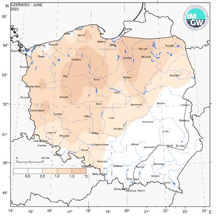 Przestrzenny rozkład anomalii średniej miesięcznej temperatury powietrza w czerwcu 2023 r. w stosunku do normy (tj. średniej miesięcznej wartości wieloletniej elementu w okresie 1991-2020).