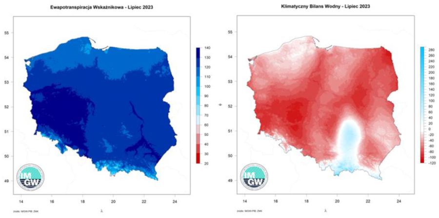 Przestrzenny rozkład sumy parowania potencjalnego oraz przestrzenny rozkład klimatycznego bilansu wodnego w lipcu 2023 r.