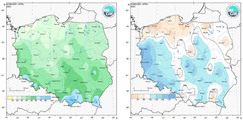 Przestrzenny rozkład miesięcznej sumy opadów w kwietniu 2023 r. oraz przestrzenny rozkład anomalii sumy opadów w stosunku do normy (tj. średniej miesięcznej wartości wieloletniej elementu w okresie 1991-2020).