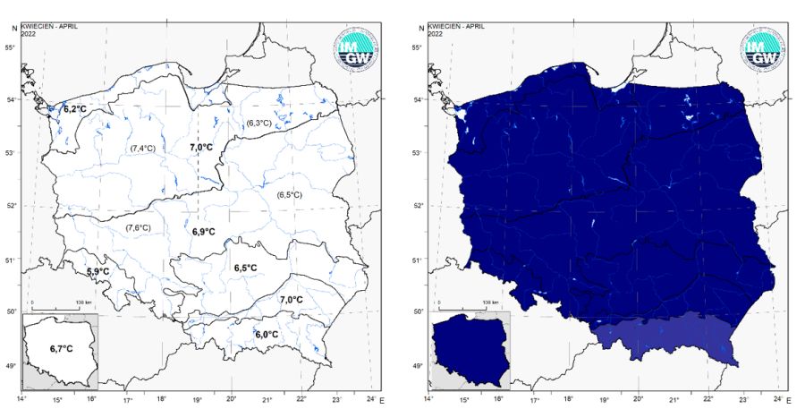 Wartości średniej obszarowej temperatury powietrza oraz klasyfikacja termiczna w kwietniu 2022 r. w poszczególnych regionach klimatycznych Polski.