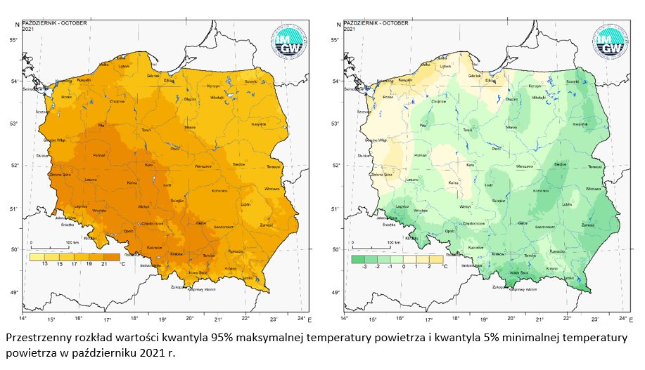 Przestrzenny rozkład wartości kwantyla 95% maksymalnej temperatury powietrza i kwantyla 5% minimalnej temperatury powietrza w październiku 2021 r.