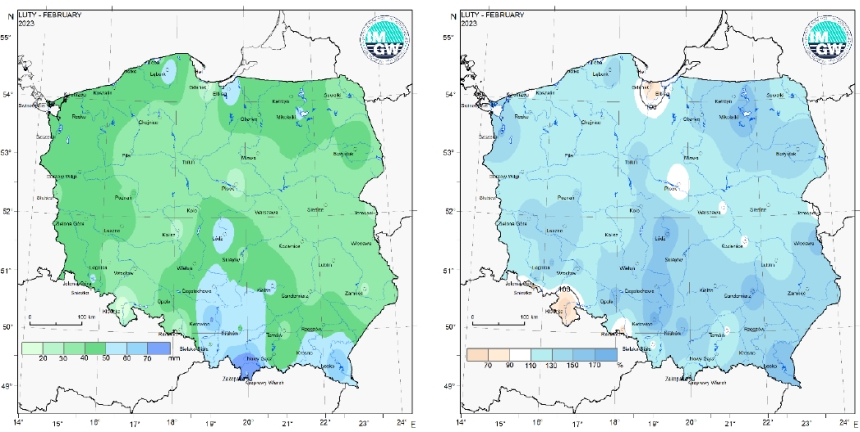 Przestrzenny rozkład miesięcznej sumy opadów w lutym 2023 r. oraz przestrzenny rozkład anomalii sumy opadów w stosunku do normy (tj. średniej miesięcznej wartości wieloletniej elementu w okresie 1991-2020).