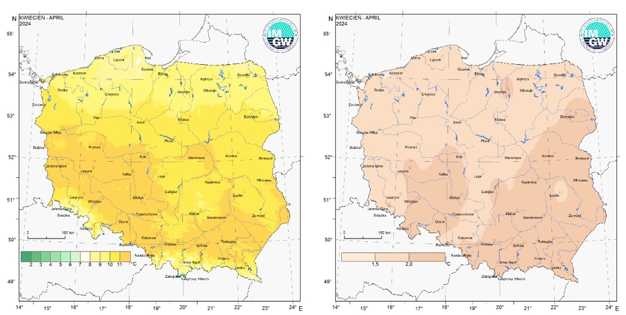 Przestrzenny rozkład średniej miesięcznej temperatury powietrza w kwietniu 2024 r. oraz przestrzenny rozkład anomalii średniej miesięcznej temperatury powietrza w kwietniu 2024 r. w stosunku do normy (tj. średniej miesięcznej wartości wieloletniej elementu w okresie 1991-2020).