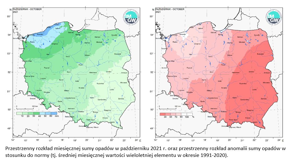 Przestrzenny rozkład miesięcznej sumy opadów w październiku 2021 r. oraz przestrzenny rozkład anomalii sumy opadów w stosunku do normy (tj. średniej miesięcznej wartości wieloletniej elementu w okresie 1991-2020).