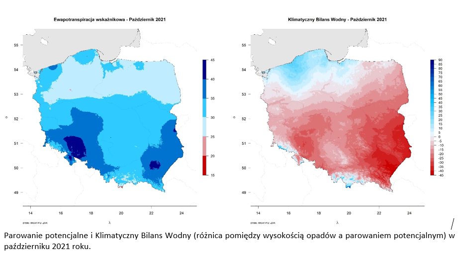 Parowanie potencjalne i Klimatyczny Bilans Wodny (różnica pomiędzy wysokością opadów a parowaniem potencjalnym) w październiku 2021 roku.