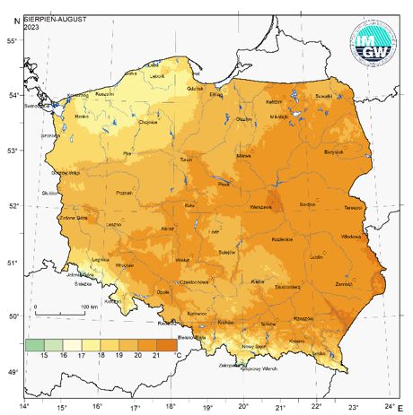 Przestrzenny rozkład średniej miesięcznej temperatury powietrza w sierpniu 2023 r.