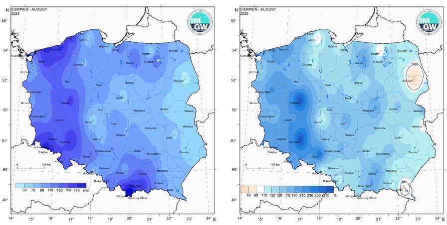 Przestrzenny rozkład miesięcznej sumy opadów w sierpniu 2023 r. oraz przestrzenny rozkład anomalii sumy opadów w stosunku do normy (tj. średniej miesięcznej wartości wieloletniej elementu w okresie 1991-2020).