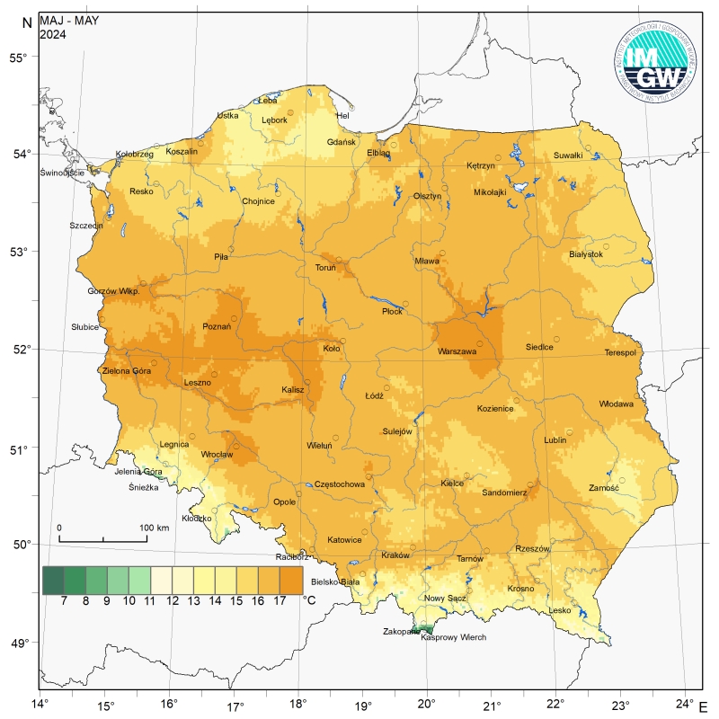 Przestrzenny rozkład średniej miesięcznej temperatury powietrza w maju 2024 r.