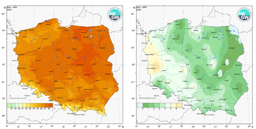 Przestrzenny rozkład wartości kwantyla 95% maksymalnej temperatury powietrza (po lewej) i kwantyla 5% minimalnej temperatury powietrza (po prawej) w maju 2024 r.