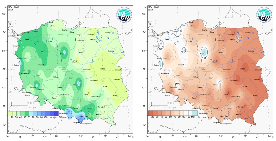 Przestrzenny rozkład miesięcznej sumy opadów w kwietniu 2024 r. oraz przestrzenny rozkład anomalii sumy opadów w stosunku do normy (tj. średniej miesięcznej wartości wieloletniej elementu w okresie 1991-2020).