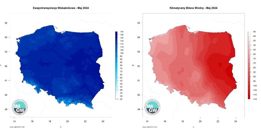 Przestrzenny rozkład sumy parowania potencjalnego (po lewej) oraz klimatycznego bilansu wodnego (po prawej) w maju 2024 r.