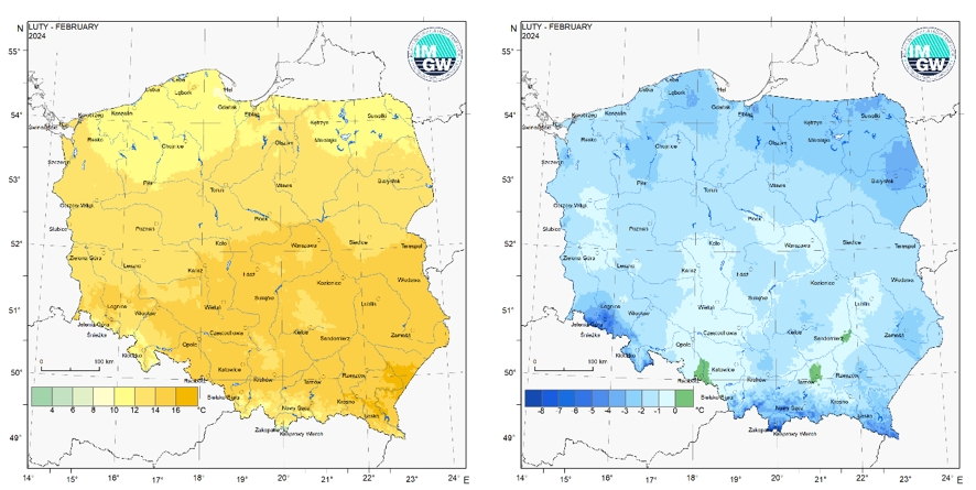 Wartości kwantyla 95% maksymalnej temperatury powietrza (po lewej) i kwantyla 5% minimalnej tempera-tury powietrza (po prawej) w lutym 2024 r.