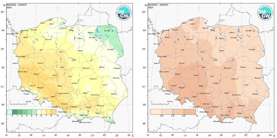 Średnia miesięczna temperatura powietrza (po lewej) oraz anomalia względem wartości wieloletnich 1991-2020 (po prawej) – marzec 2024 r.