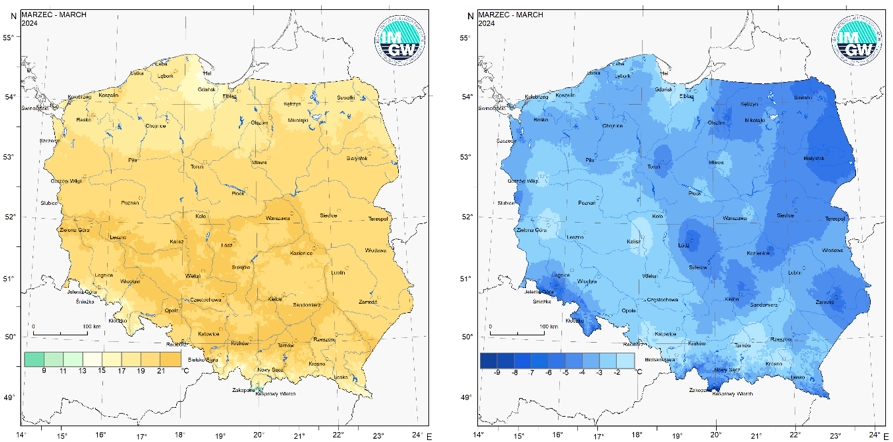 Przestrzenny rozkład wartości kwantyla 95% maksymalnej temperatury powietrza (po lewej) i kwantyla 5% minimalnej temperatury powietrza (po prawej) w marcu 2024 r.