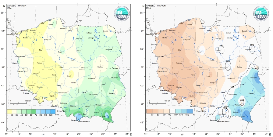 Przestrzenny rozkład miesięcznej sumy opadów w marcu 2024 r. oraz przestrzenny rozkład anomalii sumy opadów w stosunku do normy (tj. średniej miesięcznej wartości wieloletniej elementu w okresie 1991-2020).