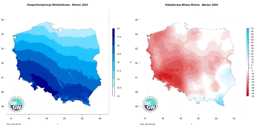 Przestrzenny rozkład sumy parowania potencjalnego (po lewej) oraz przestrzenny rozkład klimatycznego bilansu wodnego (po prawej) – marzec 2024 r.