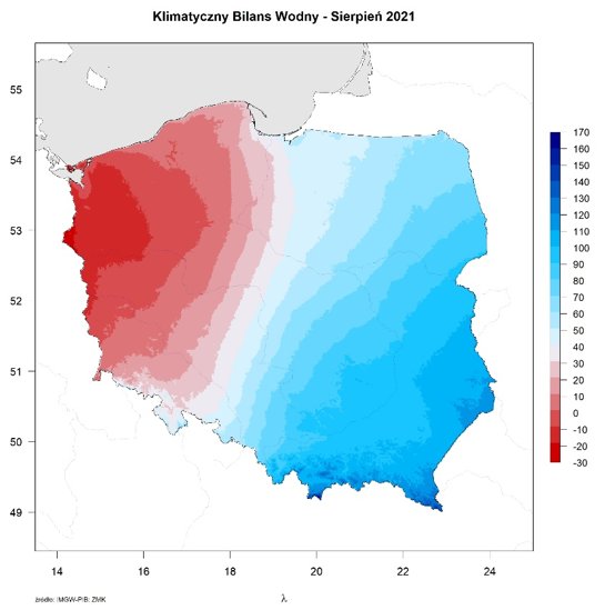 Klimatyczny Bilans Wodny (różnica pomiędzy wysokością opadów a parowaniem potencjalnym) w sierpniu 2021 roku.