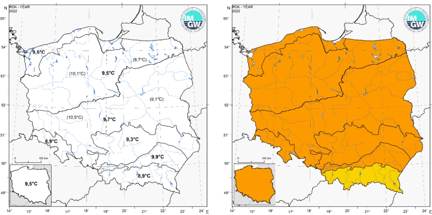 Wartości średniej obszarowej rocznej temperatury powietrza oraz klasyfikacja termiczna w 2022 r. w poszczególnych regionach klimatycznych Polski.