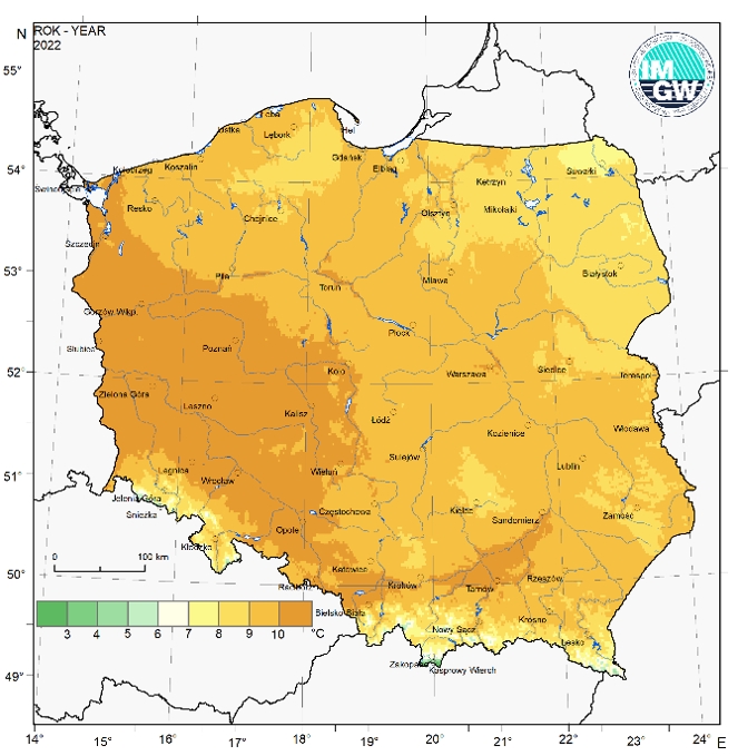 Przestrzenny rozkład średniej rocznej temperatury powietrza w 2022 r.