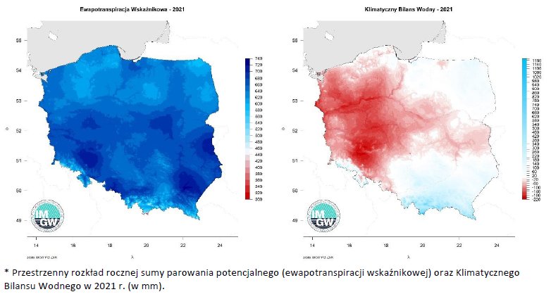 * Przestrzenny rozkład rocznej sumy parowania potencjalnego (ewapotranspiracji wskaźnikowej) oraz Klimatycznego Bilansu Wodnego w 2021 r. (w mm).