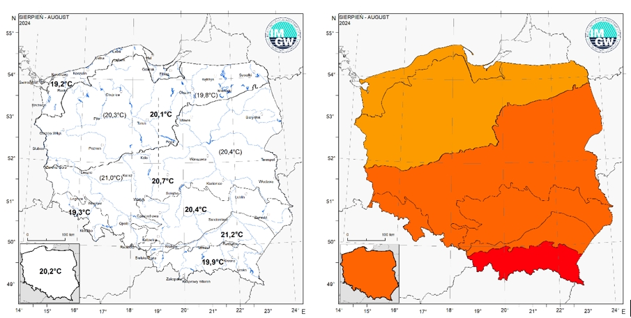 Wartości średniej obszarowej temperatury powietrza oraz klasyfikacja termiczna w sierpniu 2024 r. w poszczególnych regionach klimatycznych Polski