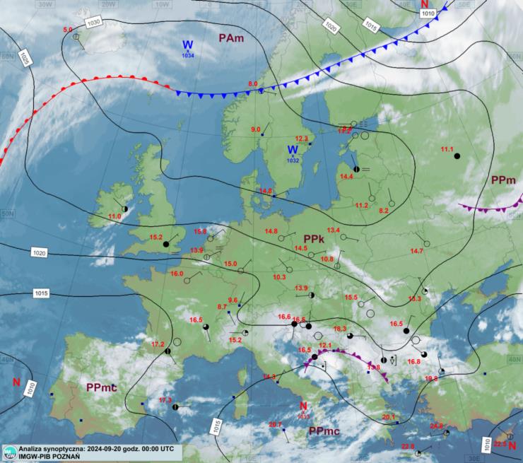 Mapa synoptyczna z terminu 20.09.2024 00:00 UTC. Źródło: IMGW-PIB.