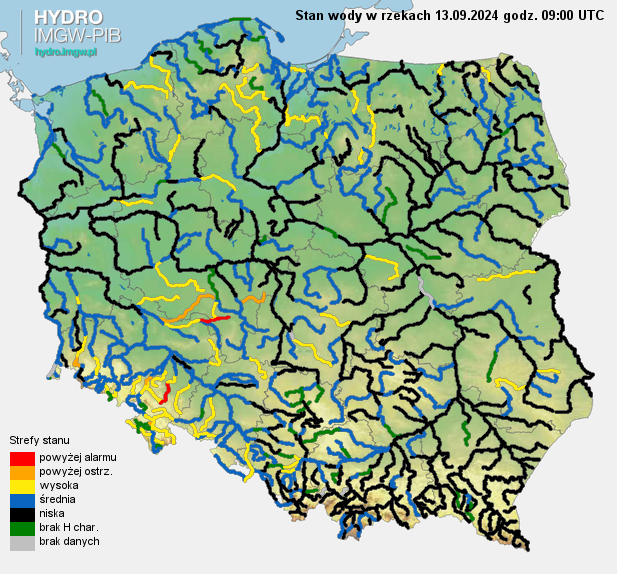 Aktualna sytuacja hydrologiczna 13.09.2024 (09 UTC). Źródło: IMGW-PIB