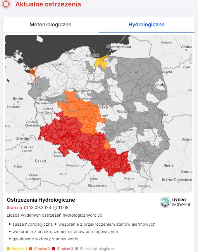 Mapa obowiązujących ostrzeżeń hydrologicznych. Źródło: IMGW-PIB