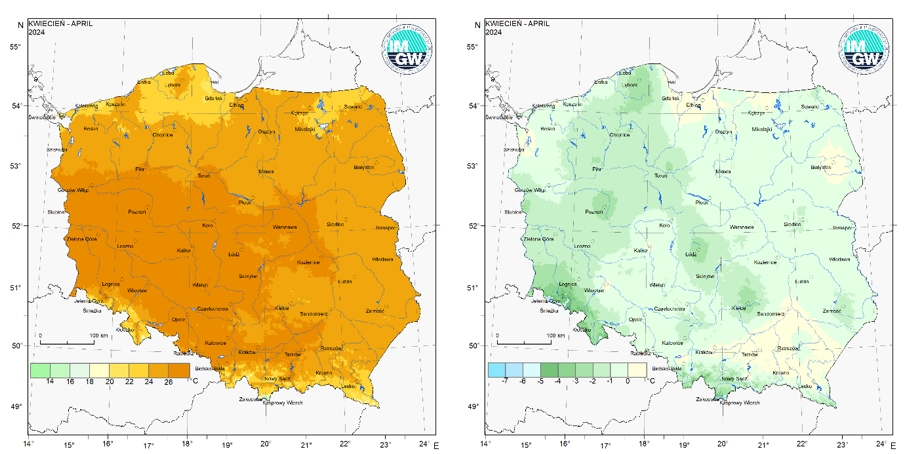 Przestrzenny rozkład wartości kwantyla 95% maksymalnej temperatury powietrza (po lewej) i kwantyla 5% minimalnej temperatury powietrza (po prawej) w kwietniu 2024 r.