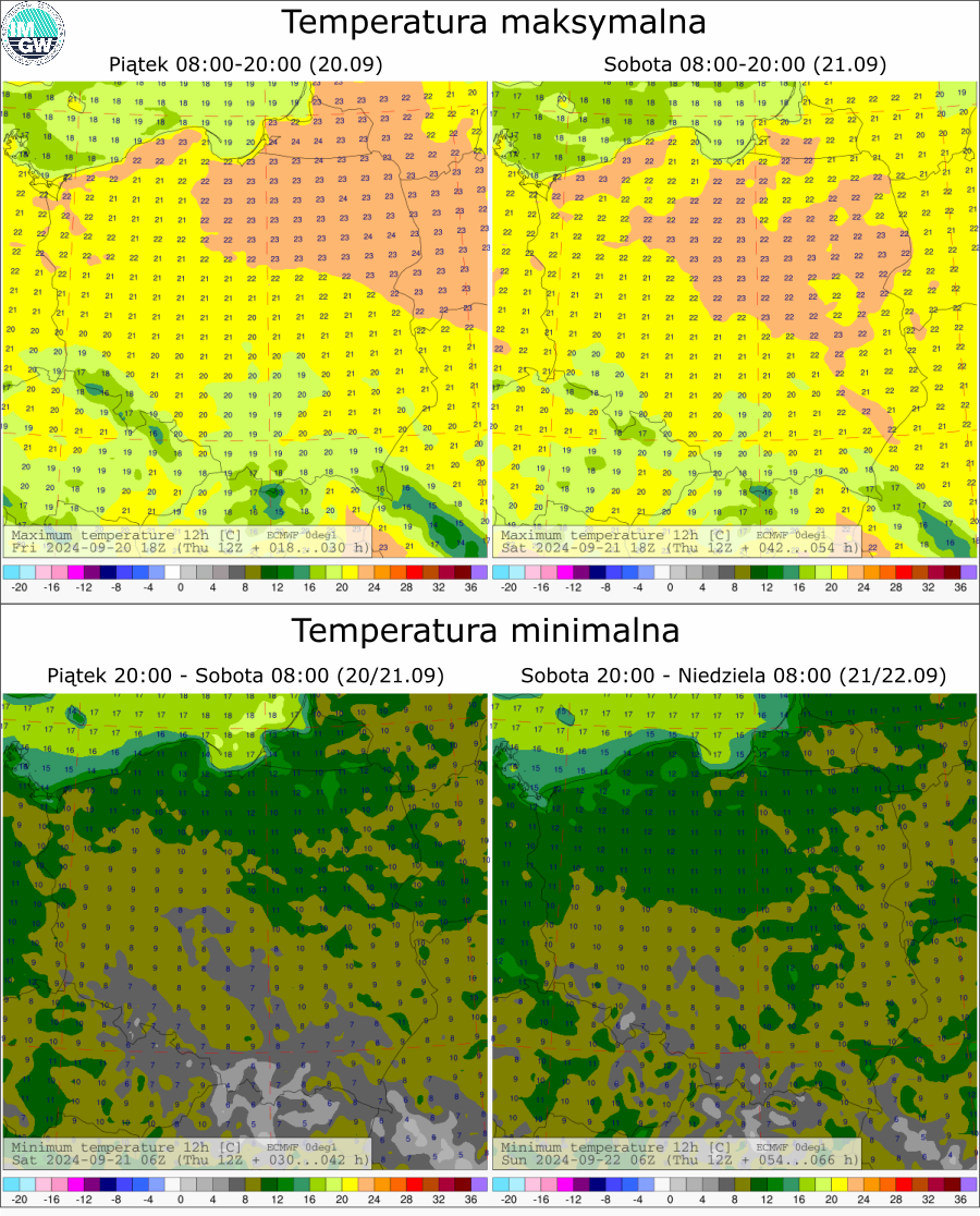 Prognozowana temperatura maksymalna i minimalna na kolejne dwie doby. Model ECMWF 0.1°