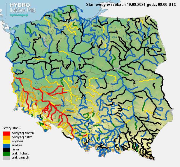 Aktualny stan wody w rzekach na g. 09 UTC.