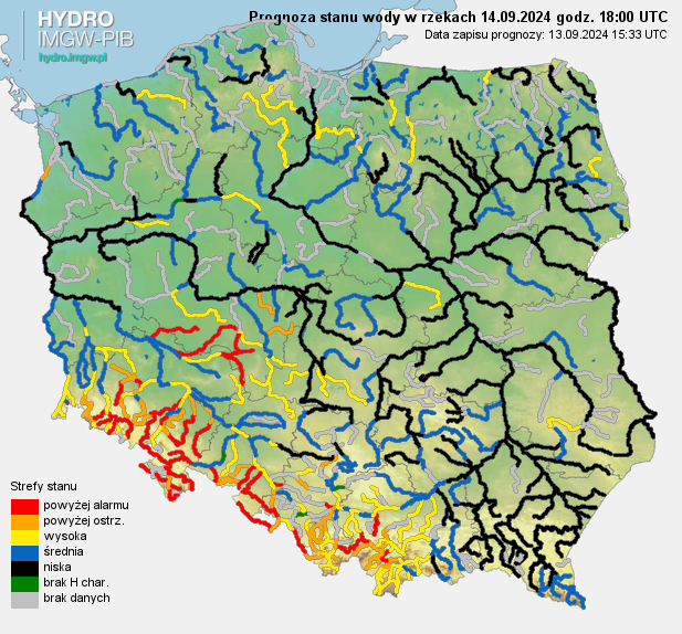 Prognozowana sytuacja hydrologiczna 14.09.2024 r. (18 UTC)