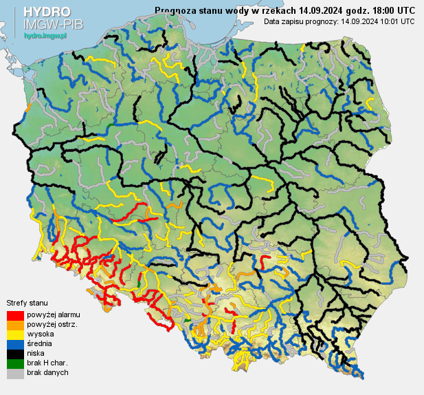 Prognozowana sytuacja hydrologiczna 14.09.2024 r. (18 UTC)