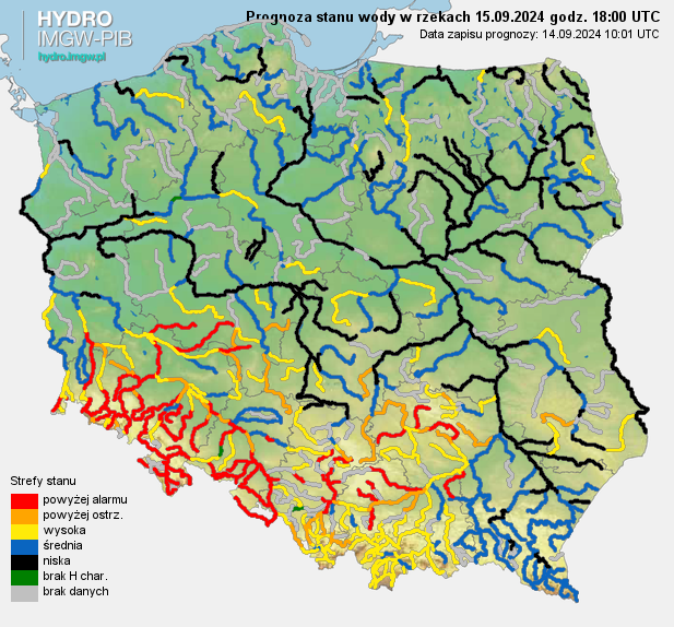 Prognozowana sytuacja hydrologiczna 15.09.2024 r. (18 UTC)