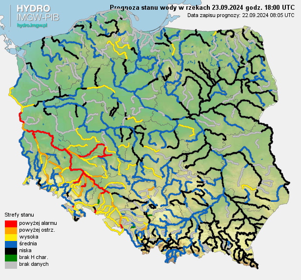 Prognozowana sytuacja hydrologiczna 23.09.2024 r. (18 UTC)