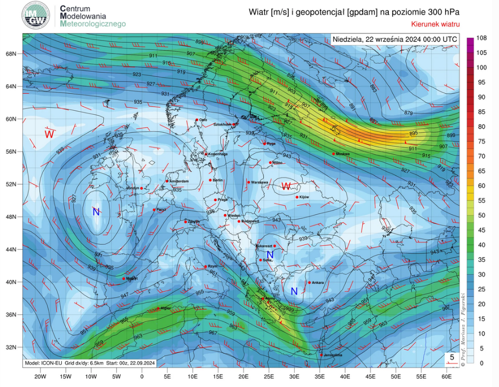 Prognozowane przez model ICON-EU prędkość i kierunek wiatru oraz geopotencjał na poziomie 300 hPa na niedzielę (22.09), godz. 00:00 UTC.