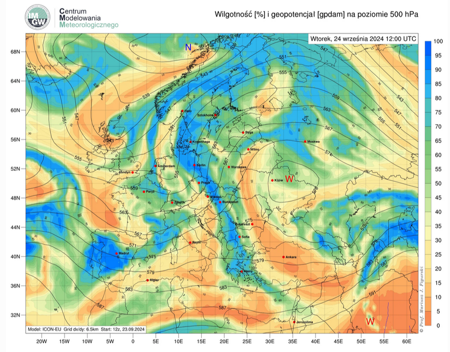 Prognozowana przez model ICON-EU wilgotność względna oraz geopotencjał na poziomie 500 hPa na wtorek (24.09), godz. 12:00 UTC.