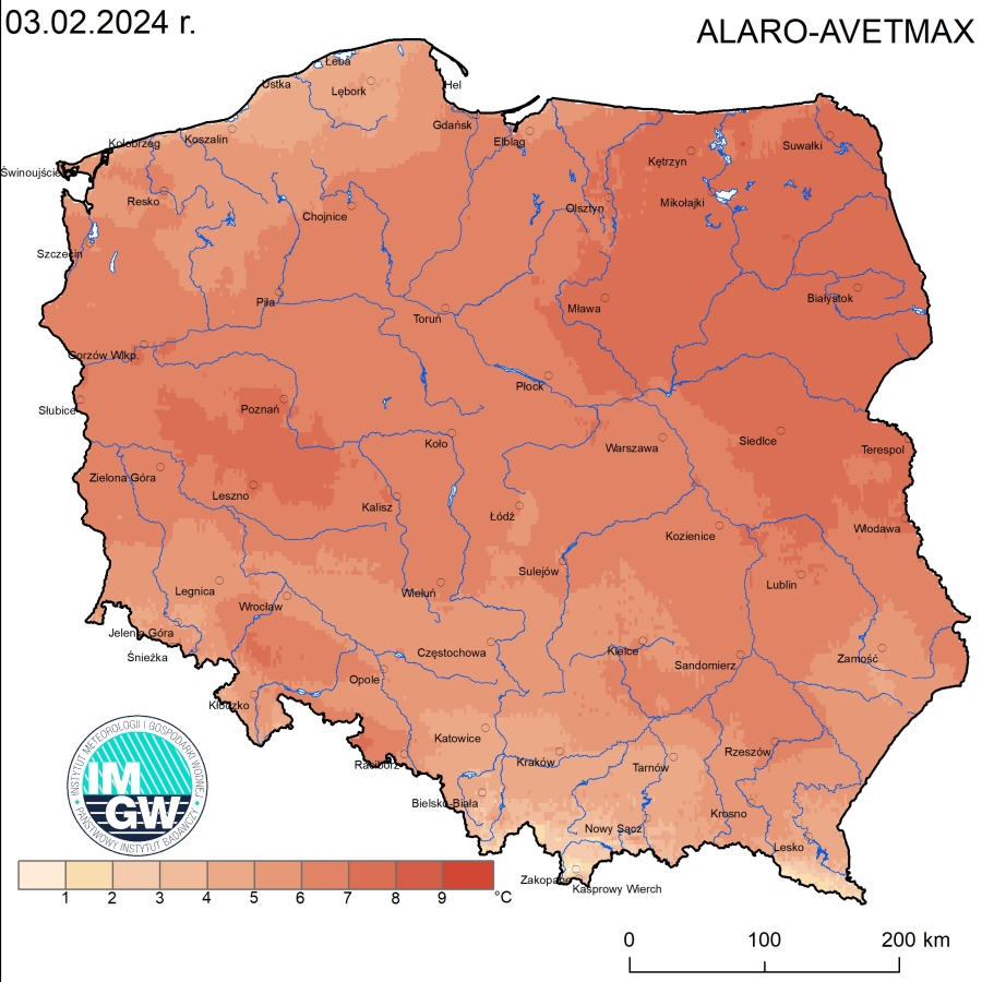 Anomalia prognozy TMAX (2024-02-03) względem notowanych charakterystyk wieloletnich (1991-2020): ALARO-AVETMAX – ALARO-wartość średnia TMAX.