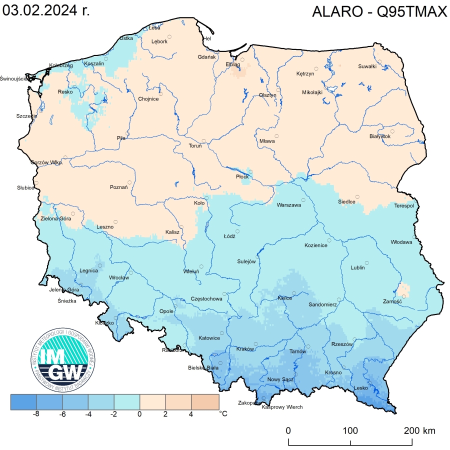 Anomalia prognozy TMAX (2024-02-03) względem notowanych charakterystyk wieloletnich (1991-2020): ALARO-Q95TMAX – ALARO-kwantyl 95% TMAX.