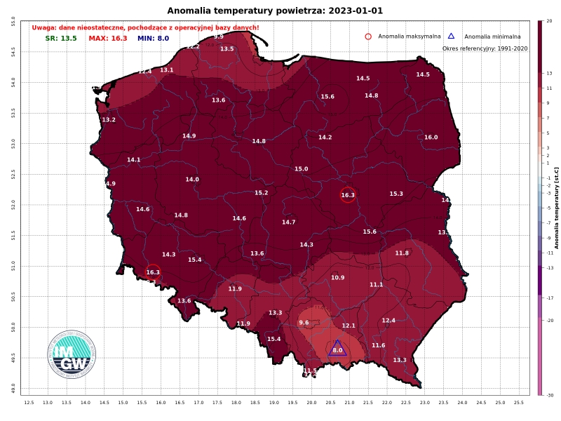 Anomalia temperatury powietrza 1 stycznia 2023 roku.